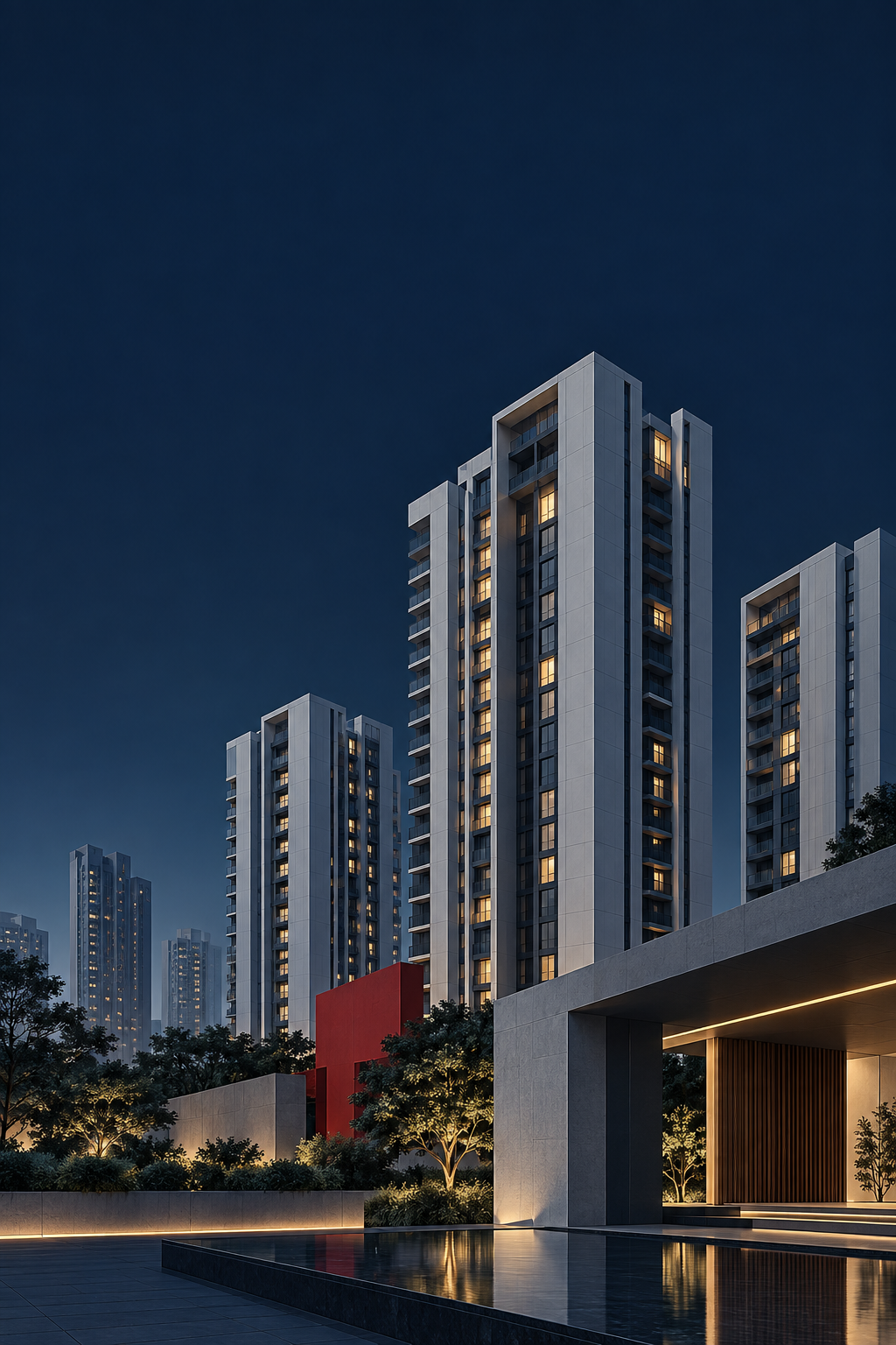 Contemporary residential towers in an Indian urban setting at dusk